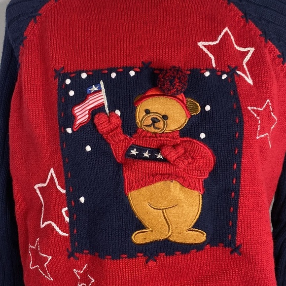 Karen Scott Sport Heavy Knot Memorial Independence Day 4th of July Bear Sweater - Picture 2 of 6